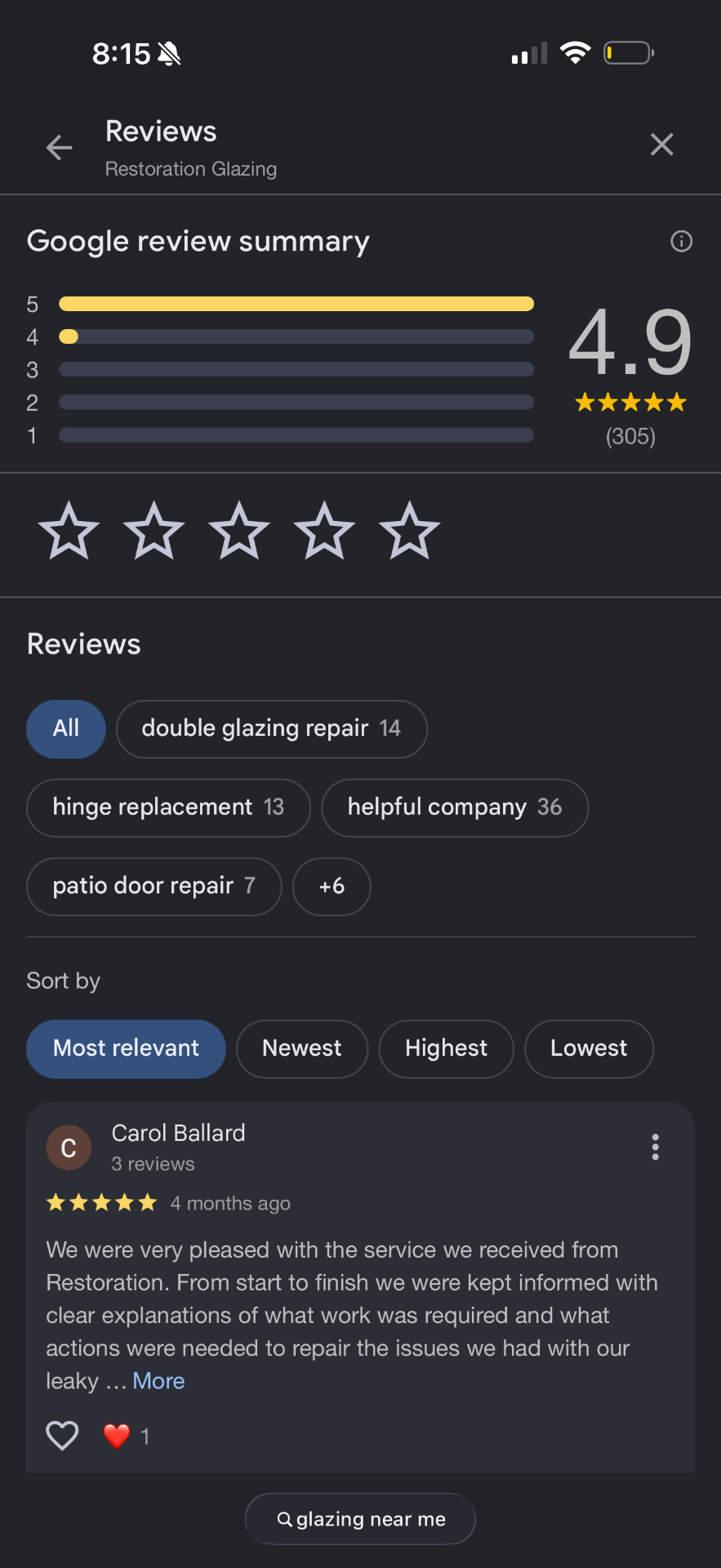 Restoration Glazing Google reviews showing 4.9 rating