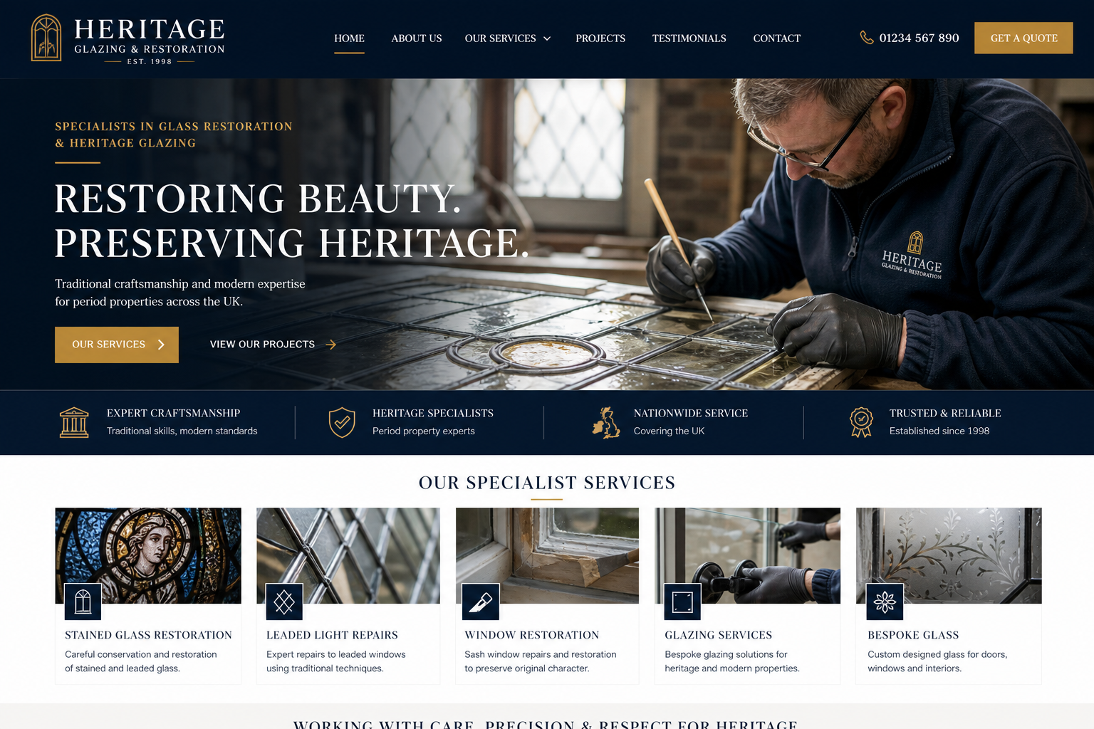 Restoration Glazing website shown live on a phone