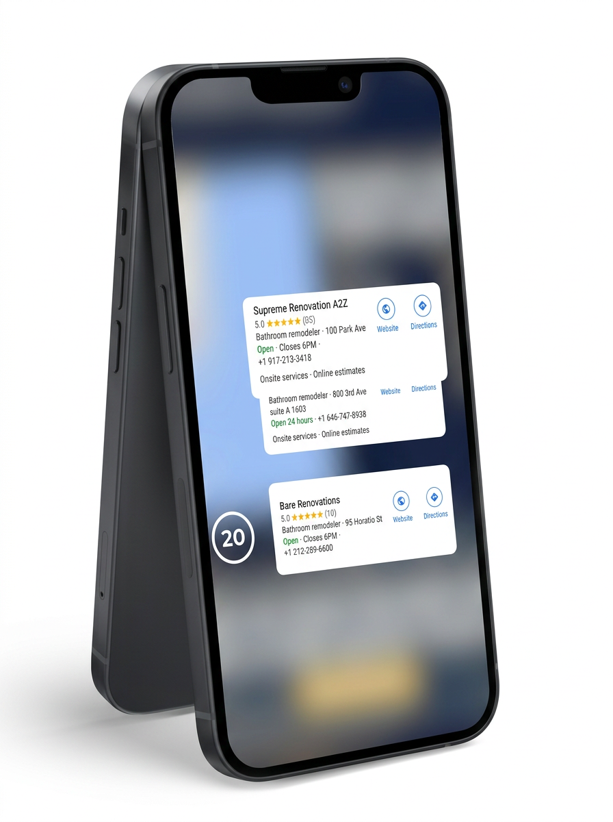 Phone showing Google Maps local search results for renovation companies